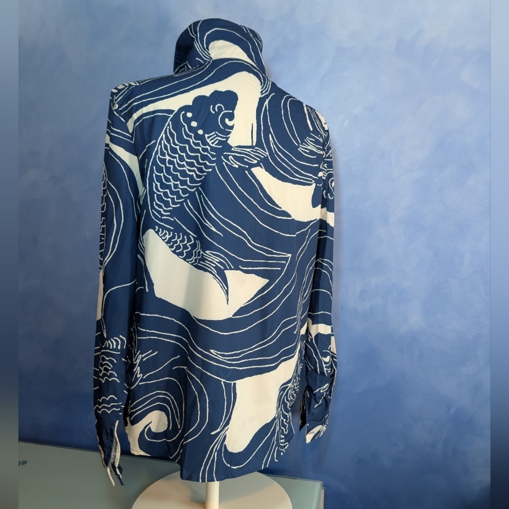 Asian Artist Inspired Navy and White Fish Print Blouse - Picture 4 of 6